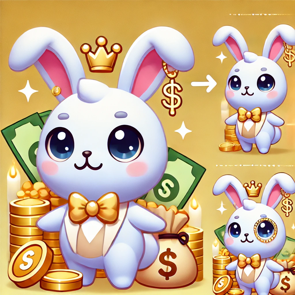 DALL·E 2024-10-13 17.50.53 - Create a character named 'BunnyBoom'—a cute and charming 2D rabbit character that exudes wealth and success. The bunny should have completely white fu