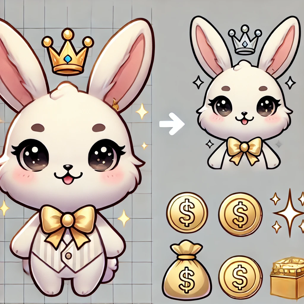 DALL·E 2024-10-13 17.51.42 - Create a character named 'BunnyBoom'—a cute and charming 2D rabbit character that exudes wealth and success. The bunny should have completely white fu